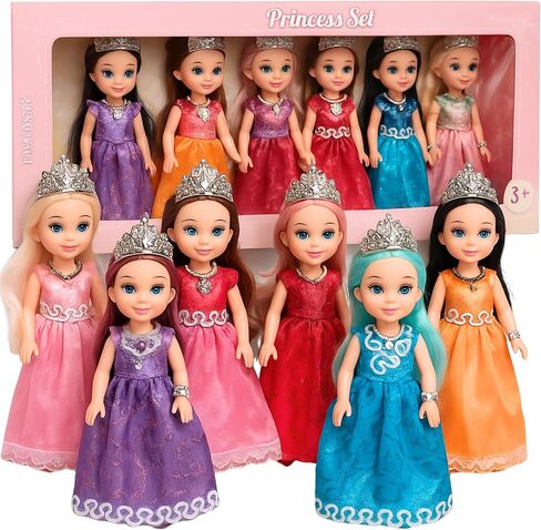 TOMLEON Princess Dolls Playset – 6 Mini Princess Dolls with Colorful Gowns, Crowns & Jewelry – Fantasy Role Play Set for Kids with Elegant Dresses, Accessories & Royal-Themed Box – Gift for Ages 3+ in Kuwait