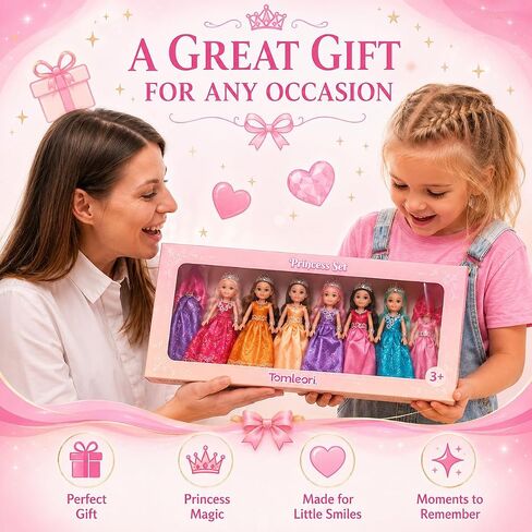 TOMLEON Princess Dolls Playset – 6 Mini Princess Dolls with Colorful Gowns, Crowns & Jewelry – Fantasy Role Play Set for Kids with Elegant Dresses, Accessories & Royal-Themed Box – Gift for Ages 3+ in Saudi Arabia