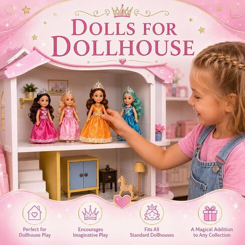 TOMLEON Princess Dolls Playset – 6 Mini Princess Dolls with Colorful Gowns, Crowns & Jewelry – Fantasy Role Play Set for Kids with Elegant Dresses, Accessories & Royal-Themed Box – Gift for Ages 3+ in Saudi Arabia