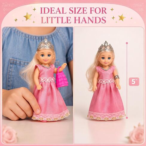 TOMLEON Princess Dolls Playset – 6 Mini Princess Dolls with Colorful Gowns, Crowns & Jewelry – Fantasy Role Play Set for Kids with Elegant Dresses, Accessories & Royal-Themed Box – Gift for Ages 3+ in Saudi Arabia