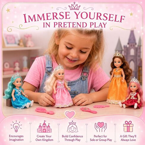 TOMLEON Princess Dolls Playset – 6 Mini Princess Dolls with Colorful Gowns, Crowns & Jewelry – Fantasy Role Play Set for Kids with Elegant Dresses, Accessories & Royal-Themed Box – Gift for Ages 3+ in Saudi Arabia