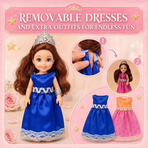 TOMLEON Princess Dolls Playset – 6 Mini Princess Dolls with Colorful Gowns, Crowns & Jewelry – Fantasy Role Play Set for Kids with Elegant Dresses, Accessories & Royal-Themed Box – Gift for Ages 3+ in Saudi Arabia