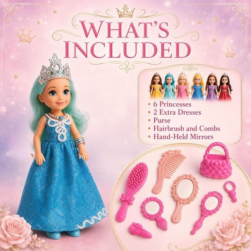 TOMLEON Princess Dolls Playset – 6 Mini Princess Dolls with Colorful Gowns, Crowns & Jewelry – Fantasy Role Play Set for Kids with Elegant Dresses, Accessories & Royal-Themed Box – Gift for Ages 3+ in Saudi Arabia