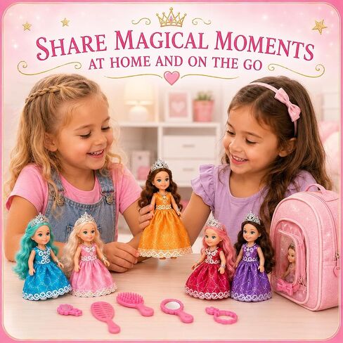 TOMLEON Princess Dolls Playset – 6 Mini Princess Dolls with Colorful Gowns, Crowns & Jewelry – Fantasy Role Play Set for Kids with Elegant Dresses, Accessories & Royal-Themed Box – Gift for Ages 3+ in Saudi Arabia