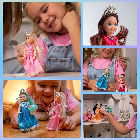 TOMLEON Princess Dolls Playset – 6 Mini Princess Dolls with Colorful Gowns, Crowns & Jewelry – Fantasy Role Play Set for Kids with Elegant Dresses, Accessories & Royal-Themed Box – Gift for Ages 3+ in Saudi Arabia
