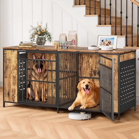63" Large Dog Crate Furniture for 2 Dogs – Extra Sturdy XXL Metal & Wooden Medium Double Dog Cage with Removable Divider, Dual Doors – Indoor/Outdoor Kennel for Large Breeds in Kuwait