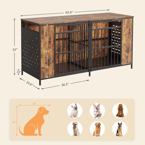 63" Large Dog Crate Furniture for 2 Dogs – Extra Sturdy XXL Metal & Wooden Medium Double Dog Cage with Removable Divider, Dual Doors – Indoor/Outdoor Kennel for Large Breeds in Kuwait