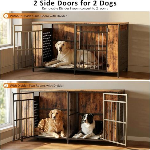 63" Large Dog Crate Furniture for 2 Dogs – Extra Sturdy XXL Metal & Wooden Medium Double Dog Cage with Removable Divider, Dual Doors – Indoor/Outdoor Kennel for Large Breeds in Kuwait