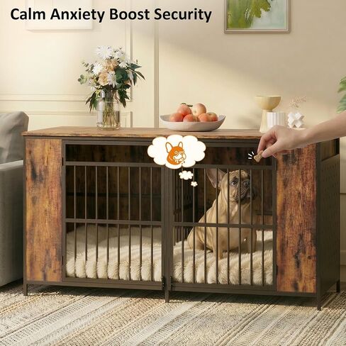 63" Large Dog Crate Furniture for 2 Dogs – Extra Sturdy XXL Metal & Wooden Medium Double Dog Cage with Removable Divider, Dual Doors – Indoor/Outdoor Kennel for Large Breeds in Kuwait