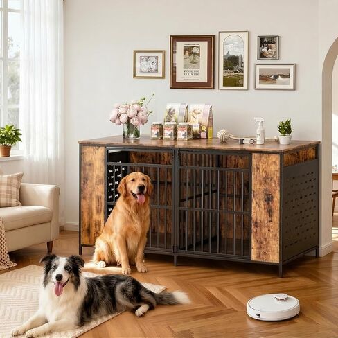 63" Large Dog Crate Furniture for 2 Dogs – Extra Sturdy XXL Metal & Wooden Medium Double Dog Cage with Removable Divider, Dual Doors – Indoor/Outdoor Kennel for Large Breeds in Kuwait