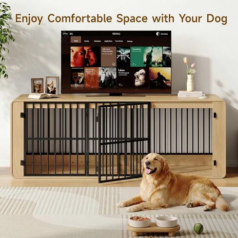 ONBRILL 74" Double Dog Crate Furniture TV Stand for Large Dogs, Natural Oak in Saudi Arabia