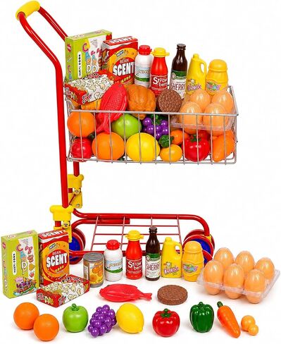 Shop 'N' Go Toy Shopping Cart for Kids and Toddler - Includes Food - Folds for Easy Storage - with Sturdy Metal Frame Pretend Play Food Role Play, Educational Toy - with 36 pc Play-Food and in Kuwait