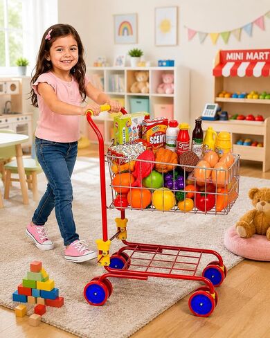 Shop 'N' Go Toy Shopping Cart for Kids and Toddler - Includes Food - Folds for Easy Storage - with Sturdy Metal Frame Pretend Play Food Role Play, Educational Toy - with 36 pc Play-Food and in Kuwait