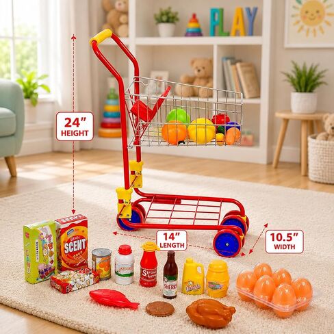 Shop 'N' Go Toy Shopping Cart for Kids and Toddler - Includes Food - Folds for Easy Storage - with Sturdy Metal Frame Pretend Play Food Role Play, Educational Toy - with 36 pc Play-Food and in Kuwait