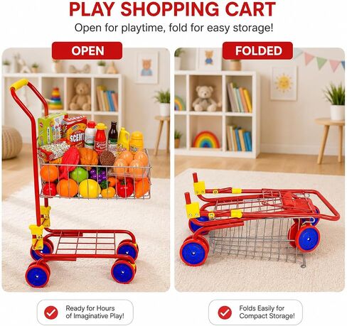 Shop 'N' Go Toy Shopping Cart for Kids and Toddler - Includes Food - Folds for Easy Storage - with Sturdy Metal Frame Pretend Play Food Role Play, Educational Toy - with 36 pc Play-Food and in Kuwait