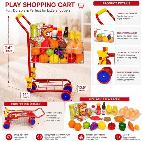 Shop 'N' Go Toy Shopping Cart for Kids and Toddler - Includes Food - Folds for Easy Storage - with Sturdy Metal Frame Pretend Play Food Role Play, Educational Toy - with 36 pc Play-Food and in Kuwait