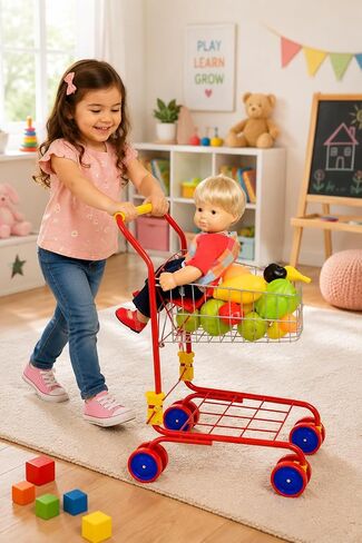 Shop 'N' Go Toy Shopping Cart for Kids and Toddler - Includes Food - Folds for Easy Storage - with Sturdy Metal Frame Pretend Play Food Role Play, Educational Toy - with 36 pc Play-Food and in Kuwait
