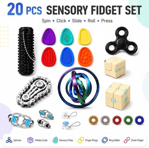 20 Pcs PLUVIKO Fidget Toys Set for Adults and Young Adults, Fidget Spinner, Fidget Ring, Fidget Cube, Sensory Stress Toys Pack, Cool Desk Toys for Office Classroom Travel, Gifts for 15+ and Adults in Kuwait