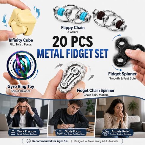 20 Pcs PLUVIKO Fidget Toys Set for Adults and Young Adults, Fidget Spinner, Fidget Ring, Fidget Cube, Sensory Stress Toys Pack, Cool Desk Toys for Office Classroom Travel, Gifts for 15+ and Adults in Kuwait