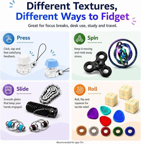 20 Pcs PLUVIKO Fidget Toys Set for Adults and Young Adults, Fidget Spinner, Fidget Ring, Fidget Cube, Sensory Stress Toys Pack, Cool Desk Toys for Office Classroom Travel, Gifts for 15+ and Adults in Kuwait