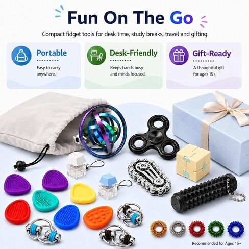 20 Pcs PLUVIKO Fidget Toys Set for Adults and Young Adults, Fidget Spinner, Fidget Ring, Fidget Cube, Sensory Stress Toys Pack, Cool Desk Toys for Office Classroom Travel, Gifts for 15+ and Adults in Kuwait