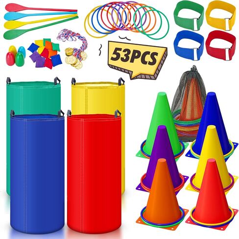 53PCS Outdoor Lawn Carnival Games Bean Bags Ring Toss Set Potato Sack Race Bags Egg and Spoon Race Party for Kid Adult Family，Birthday Party Family Reunion Outside Field Day Games Easter in Kuwait