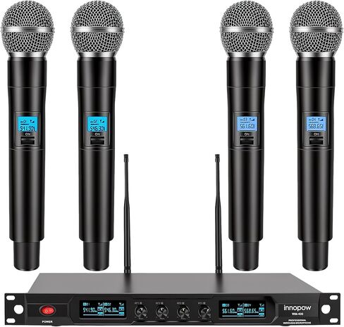 نظام ميكروفون لاسلكي من innopow ذو 4 قنوات، ميكروفون لاسلكي رباعي UHF معدني، 4 ميكروفونات محمولة، مسافة طويلة 150-200 قدم، تردد ثابت، استخدام 16 ساعة لغناء الكاريوكي، الكنيسة in Kuwait