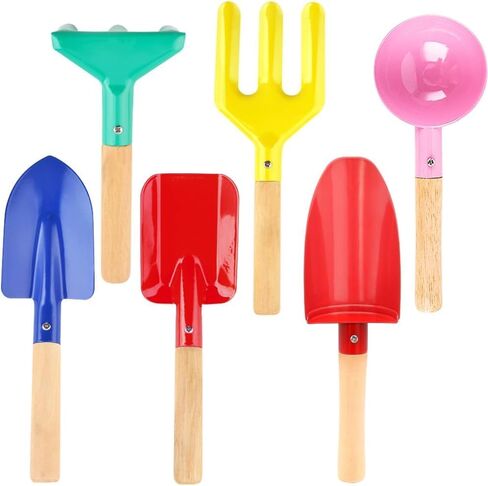 Beach Toys for Kids,Beach Sand Toys, 8'' Metal Sandbox Toys with Sturdy Wooden Handle,Safe Beach Gardening Set,Spoon, Fork, Trowel, Rake & Shovel for Kids，Snow Shovel（6 pcs） in Saudi Arabia