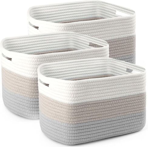 3 Pack Woven Storage Baskets, Decorative Storage Bins for Organizing, 13.4" x 11.5" x 11", Cotton Rope Baskets for Closet Shelves Bathroom Nursery, White & Brown (White Grey) in Saudi Arabia