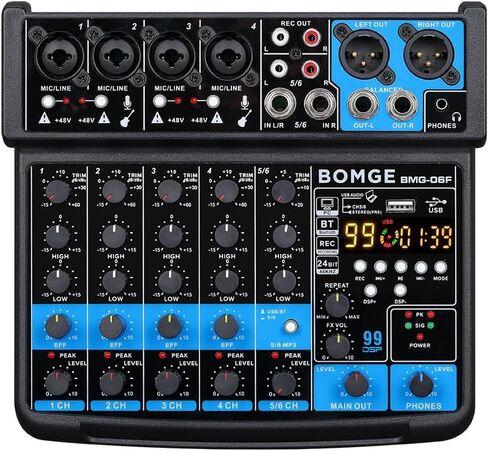 BOMGE 6 Channel mini DJ Audio sound mixer console with USB interface, Bluetooth, Stereo Recording, 48V Phantom Power, 24 DSP effects for karaoke, singing, live，streaming，pc recroding. (black) in Saudi Arabia