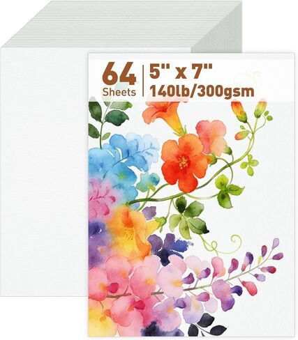 MAXECHO 64 Sheets Cold Press Watercolor Paper, 5" x 7" Cotton Water Color Drawing Paper, 140lb/300gsm Loose Acrylic Painting Artist Sketch Sheets, Art Supplies for Adults, Watercolor Paint Set in Kuwait