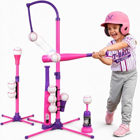 3-in-1 Baseball Set for Kids and Toddlers Ages 3-5 – Includes Tee Ball Stand, Hanging Tee, Automatic Ball Launcher, and 6 Softballs – Adjustable Height for Indoor/Outdoor Play – Sports Gift for Girls in Kuwait