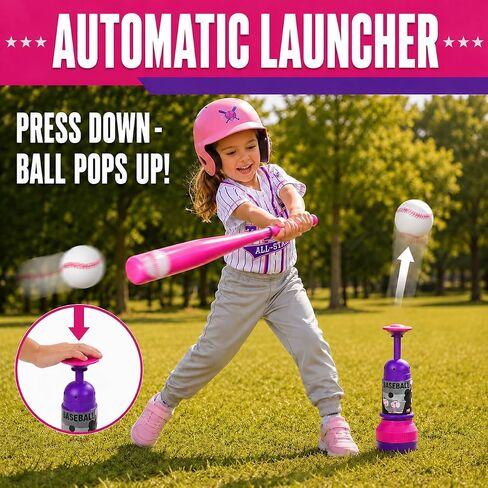 3-in-1 Baseball Set for Kids and Toddlers Ages 3-5 – Includes Tee Ball Stand, Hanging Tee, Automatic Ball Launcher, and 6 Softballs – Adjustable Height for Indoor/Outdoor Play – Sports Gift for Girls in Kuwait