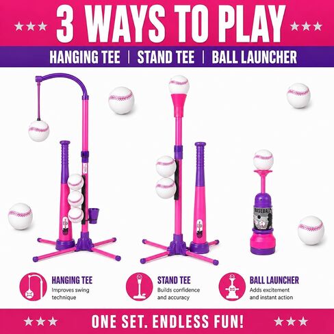3-in-1 Baseball Set for Kids and Toddlers Ages 3-5 – Includes Tee Ball Stand, Hanging Tee, Automatic Ball Launcher, and 6 Softballs – Adjustable Height for Indoor/Outdoor Play – Sports Gift for Girls in Kuwait