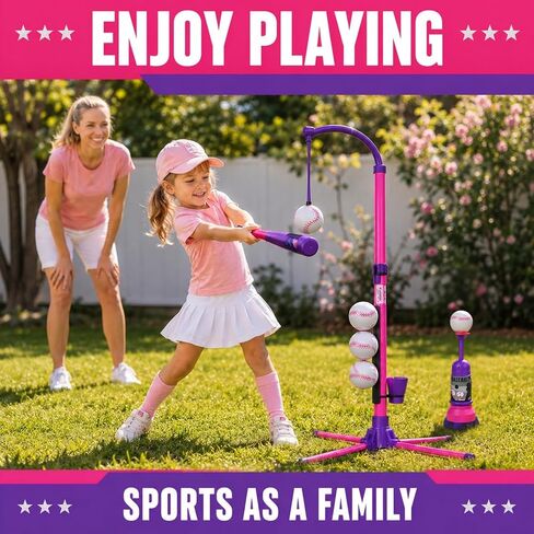 3-in-1 Baseball Set for Kids and Toddlers Ages 3-5 – Includes Tee Ball Stand, Hanging Tee, Automatic Ball Launcher, and 6 Softballs – Adjustable Height for Indoor/Outdoor Play – Sports Gift for Girls in Kuwait