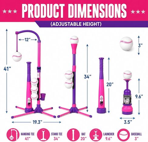 3-in-1 Baseball Set for Kids and Toddlers Ages 3-5 – Includes Tee Ball Stand, Hanging Tee, Automatic Ball Launcher, and 6 Softballs – Adjustable Height for Indoor/Outdoor Play – Sports Gift for Girls in Kuwait