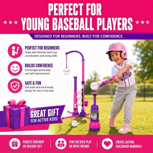 3-in-1 Baseball Set for Kids and Toddlers Ages 3-5 – Includes Tee Ball Stand, Hanging Tee, Automatic Ball Launcher, and 6 Softballs – Adjustable Height for Indoor/Outdoor Play – Sports Gift for Girls in Kuwait