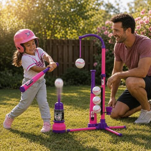 3-in-1 Baseball Set for Kids and Toddlers Ages 3-5 – Includes Tee Ball Stand, Hanging Tee, Automatic Ball Launcher, and 6 Softballs – Adjustable Height for Indoor/Outdoor Play – Sports Gift for Girls in Kuwait