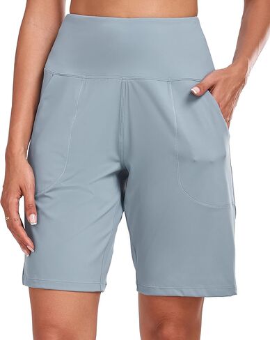Oalka Women's High Waisted Shorts Yoga Workout Bermuda Long Hiking Shorts with Pockets in Kuwait