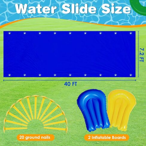 40 Ft Water Slide with 2 Inflatable Boards & Stakes, Heavy Duty Extra Long Lawn Water Slides for Kids Adults Backyard, Slip Water Slide for Summer Outdoor Water Fun (40 Ft x 7.2 Ft) in Kuwait