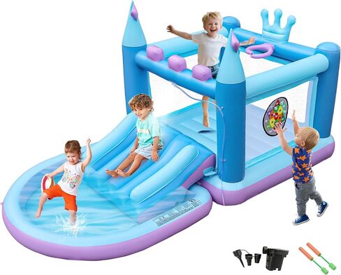 Outdoor Inflatable Water Park for Kids, PVC Water Slide Bounce House, Basketball Hoop, Ball Pit, Rings, Target Game, Jumping Castle with Blower in Saudi Arabia