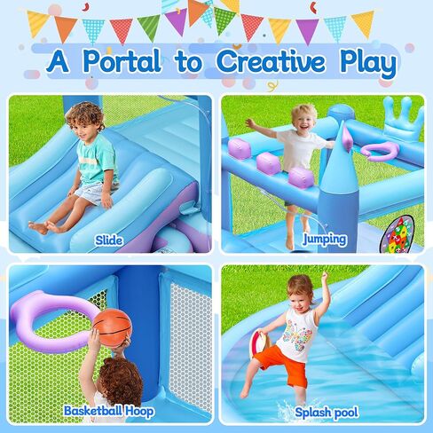Outdoor Inflatable Water Park for Kids, PVC Water Slide Bounce House, Basketball Hoop, Ball Pit, Rings, Target Game, Jumping Castle with Blower in Saudi Arabia