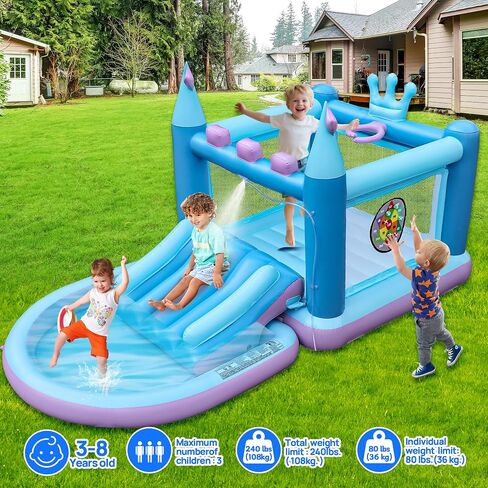 Outdoor Inflatable Water Park for Kids, PVC Water Slide Bounce House, Basketball Hoop, Ball Pit, Rings, Target Game, Jumping Castle with Blower in Saudi Arabia