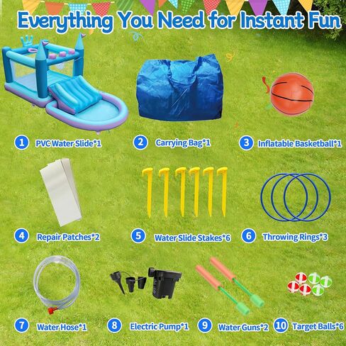 Outdoor Inflatable Water Park for Kids, PVC Water Slide Bounce House, Basketball Hoop, Ball Pit, Rings, Target Game, Jumping Castle with Blower in Saudi Arabia