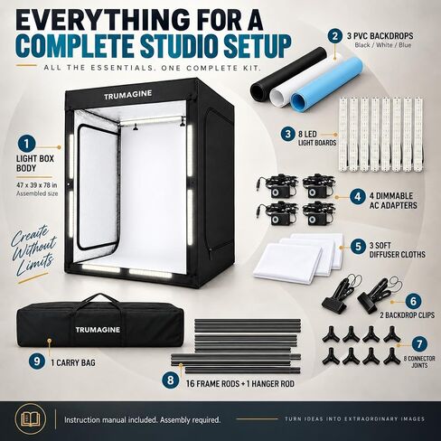 Light Box Photography LED Photo Studio Large Lightbox Professional 47x39x78 inch Dimmable Video Continuous Lighting Cube Shooting Tent Kit for Product Photography with Blue/White/Black PVC Backgrounds in Kuwait