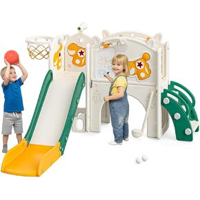 Mloong Toddler Slide for Kids - 11 in 1 Kids Slide for Toddlers Baby 1-3 Years Old, Indoor and Outdoor with Basketball Hoop Golf Drawing Set, Easy Assembly Elk Theme(Beige & Rosy Brown)(54×62×39in) in Kuwait