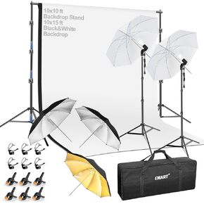 Emart 400W 5500K مظلة إضاءة نهارية مستمرة، نظام دعم الخلفية 8.5x10ft مع 2 خلفية من الموسلين (أسود وأبيض) لمنتجات استوديو الصورة، والتصوير الفوتوغرافي للصورة الفوتوغرافية in Kuwait