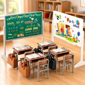34Pcs Miniature School Supplies, Mini Classroom Dollhouse Accessories with 2 Blackboards, 4 Desks, 4 Chairs, Mini School Supplies for Doll House Classroom Decor in Kuwait