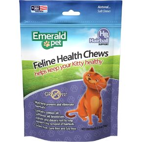 Emerald Pet Feline Health Chews Hairball Support — Natural Grain Free Feline Hairball Control Chews — Hairball Control Cat Supplements for Hairball Prevention and Elimination — Made in USA, 2.5 oz in Kuwait