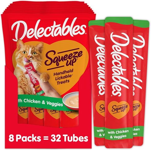 Delectables Squeeze Up Creamy Squeezable Puree, Lickable Wet Cat Treats, Grain Free, No Added Fillers, No By-Products, No Added Preservatives, 0.5 Ounces Tube Chicken Flavor, 32 Tubes Total in Kuwait